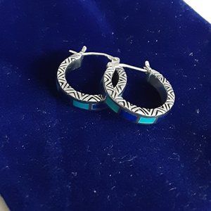 Sterling Turquoise & Lapis Inlay Hoop Earrings